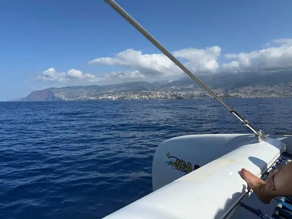 The bow of the Sea-Born with the coastline ahead