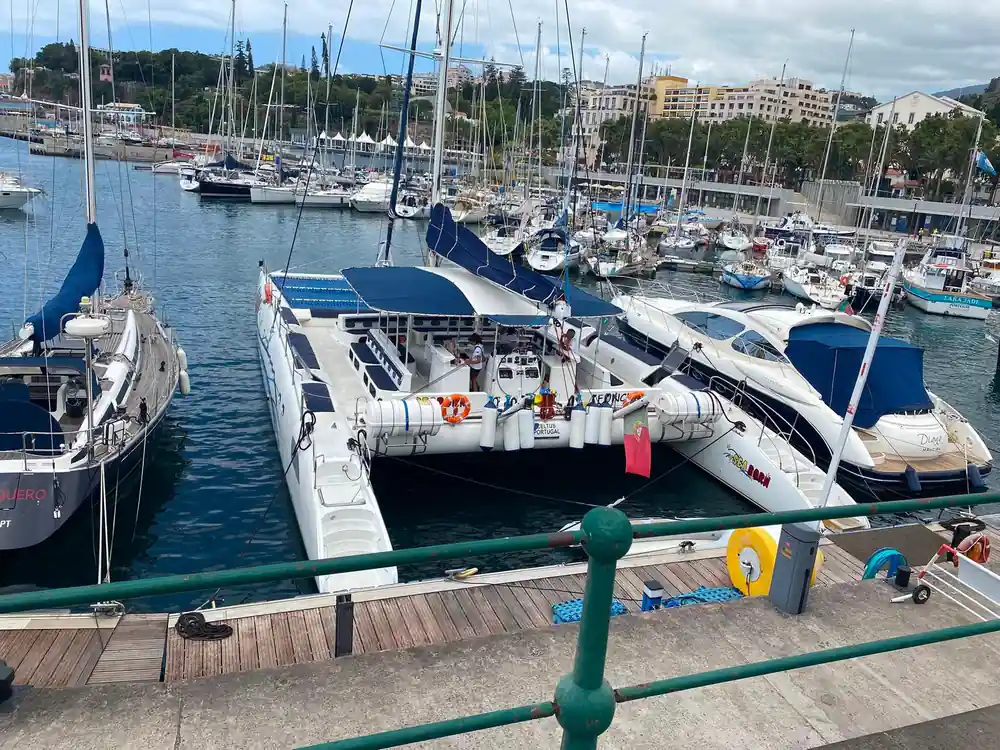 The catamaran berthed among yachts in Funchal marina