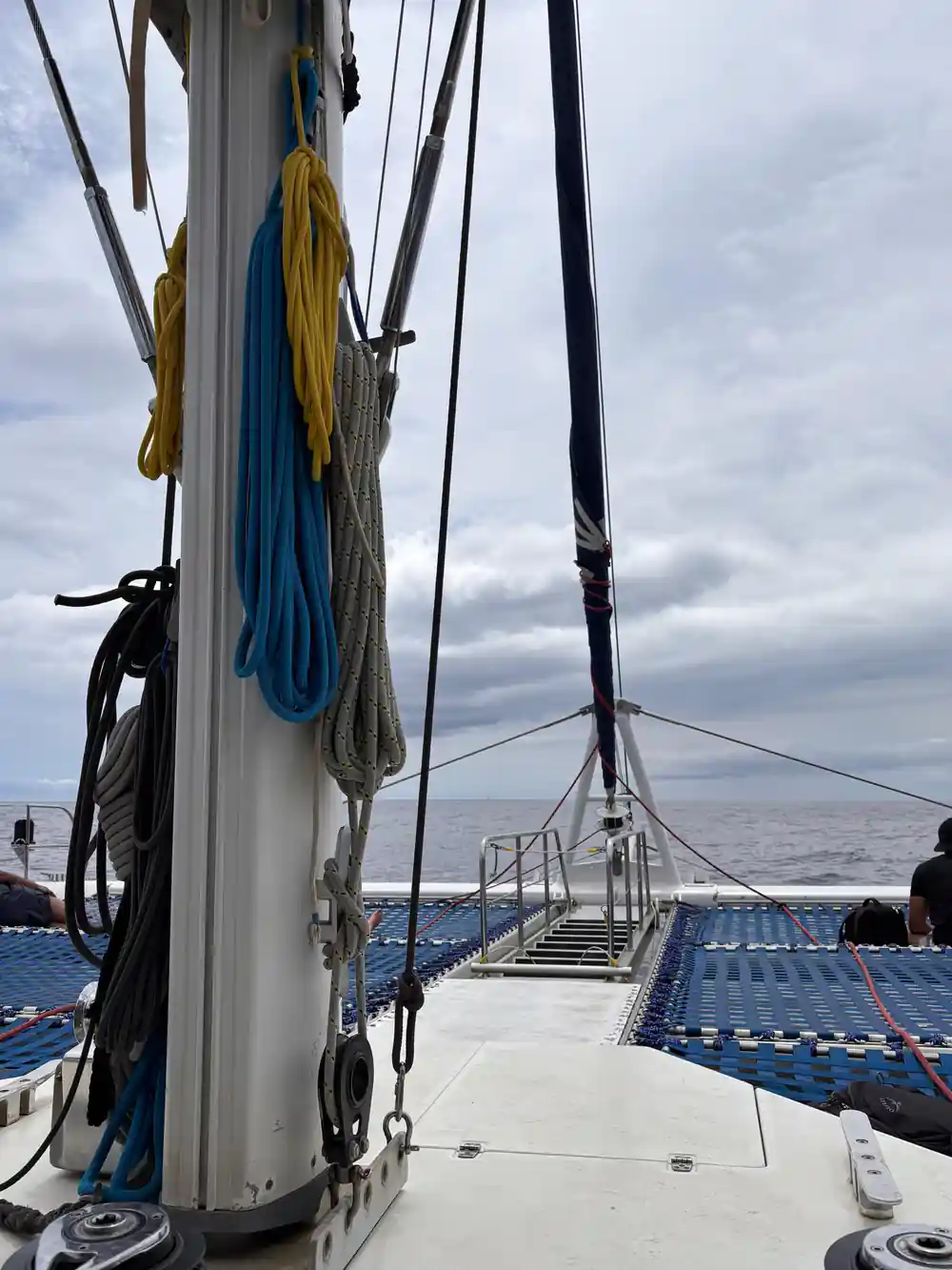 The mast and rigging above the nets under grey cloud