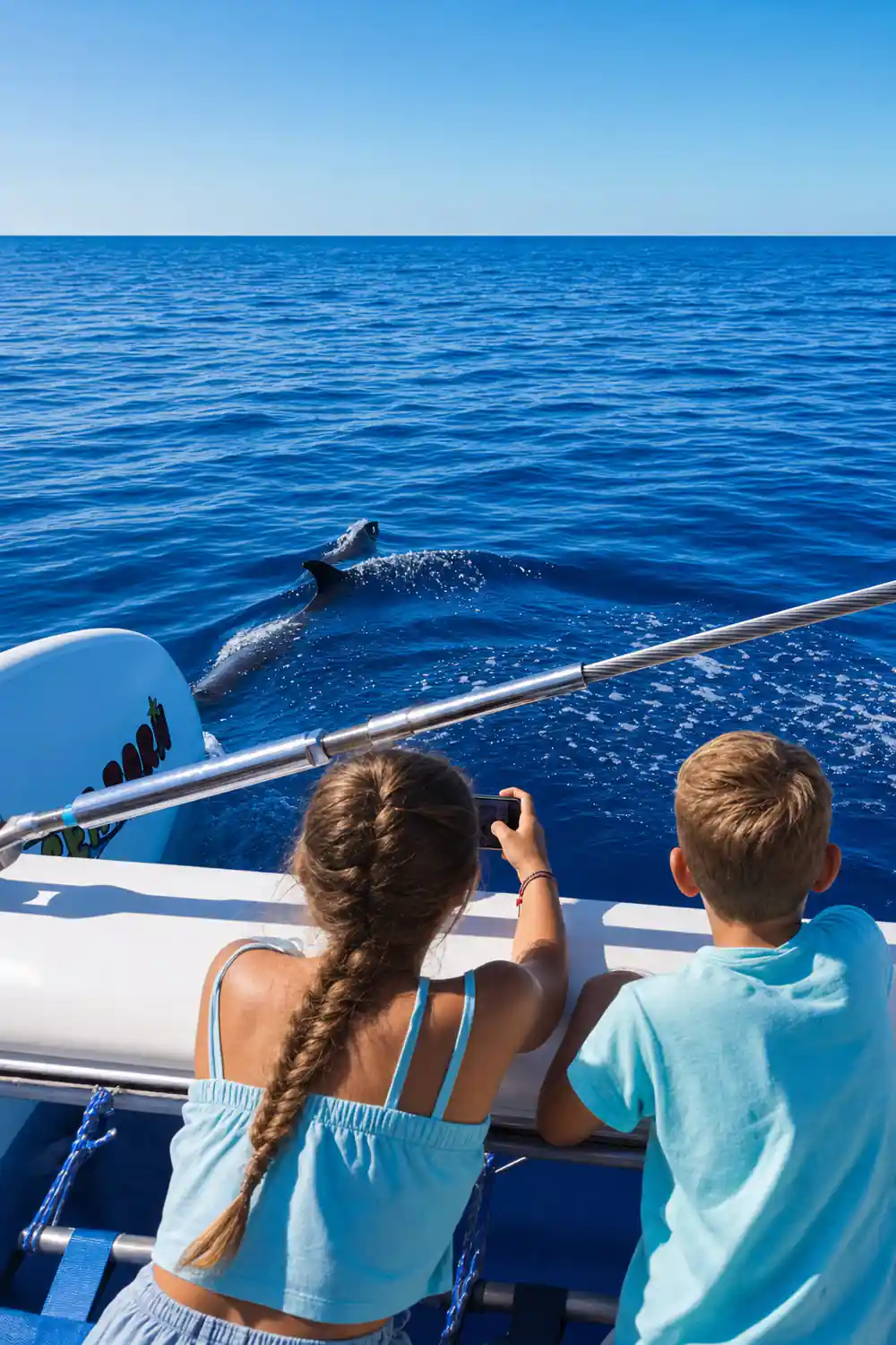 Two children at the rail watching dolphins alongside